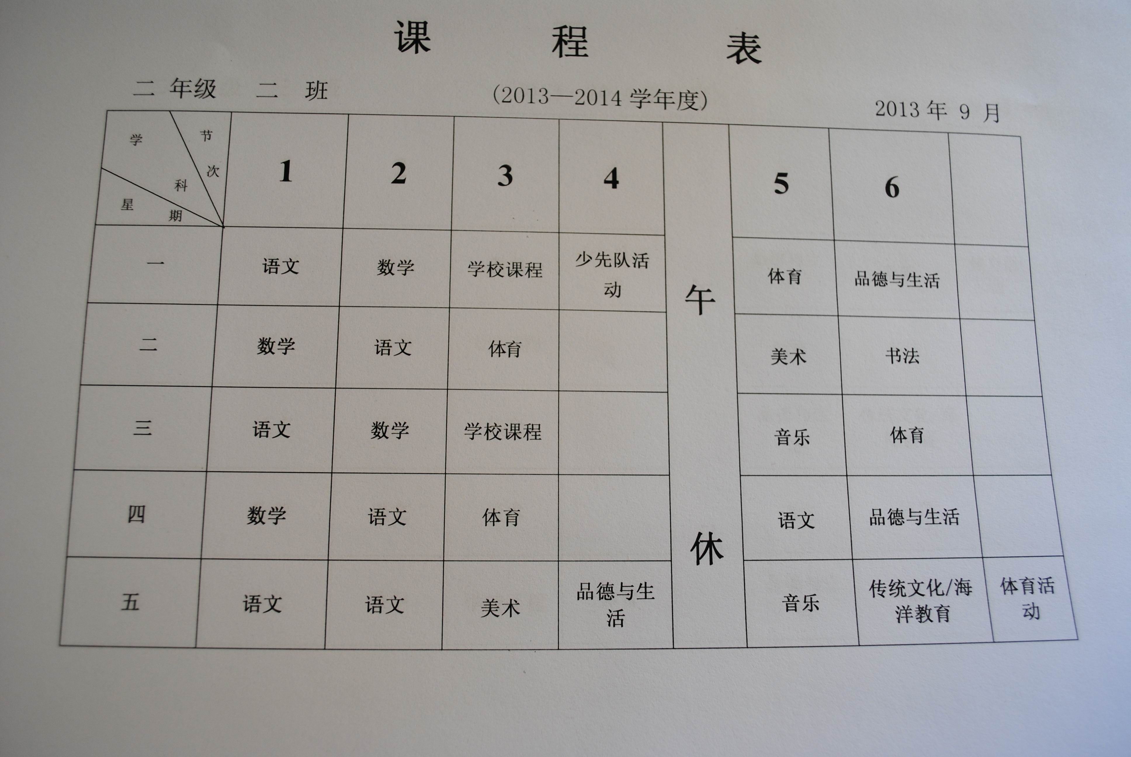 城阳区中华埠小学二年级课程表
