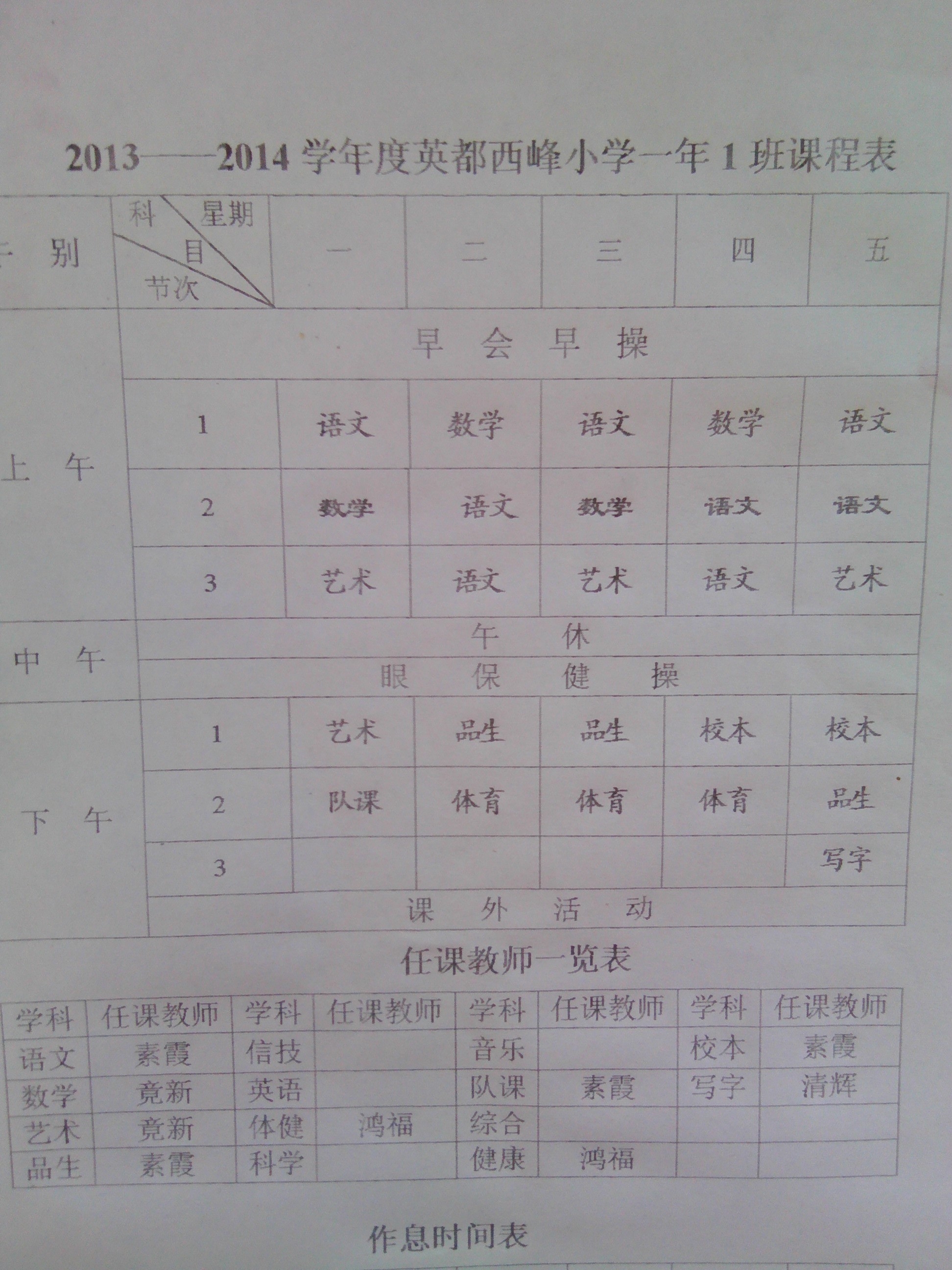 2013年秋南安西峰小学一年级班级功课表 - 动